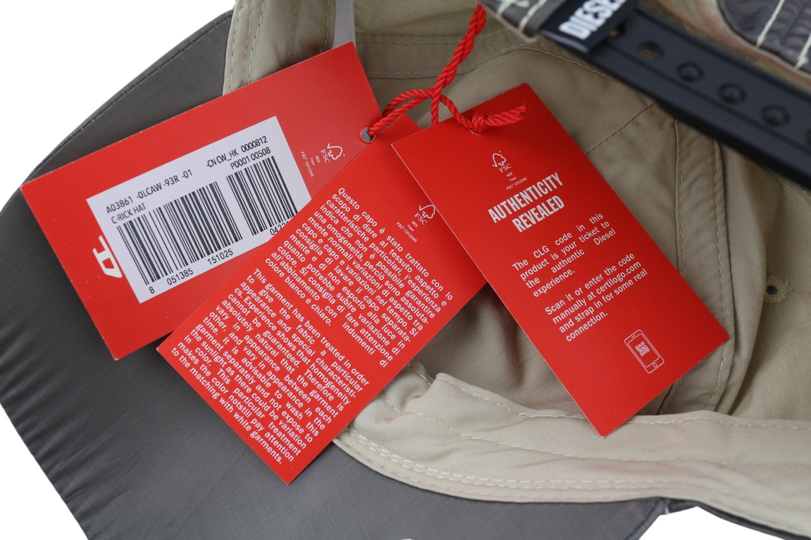 DIESEL C-Rick Men Cap OS Mid Grey Baseball Nylon Front Logo Lined Casual Unisex