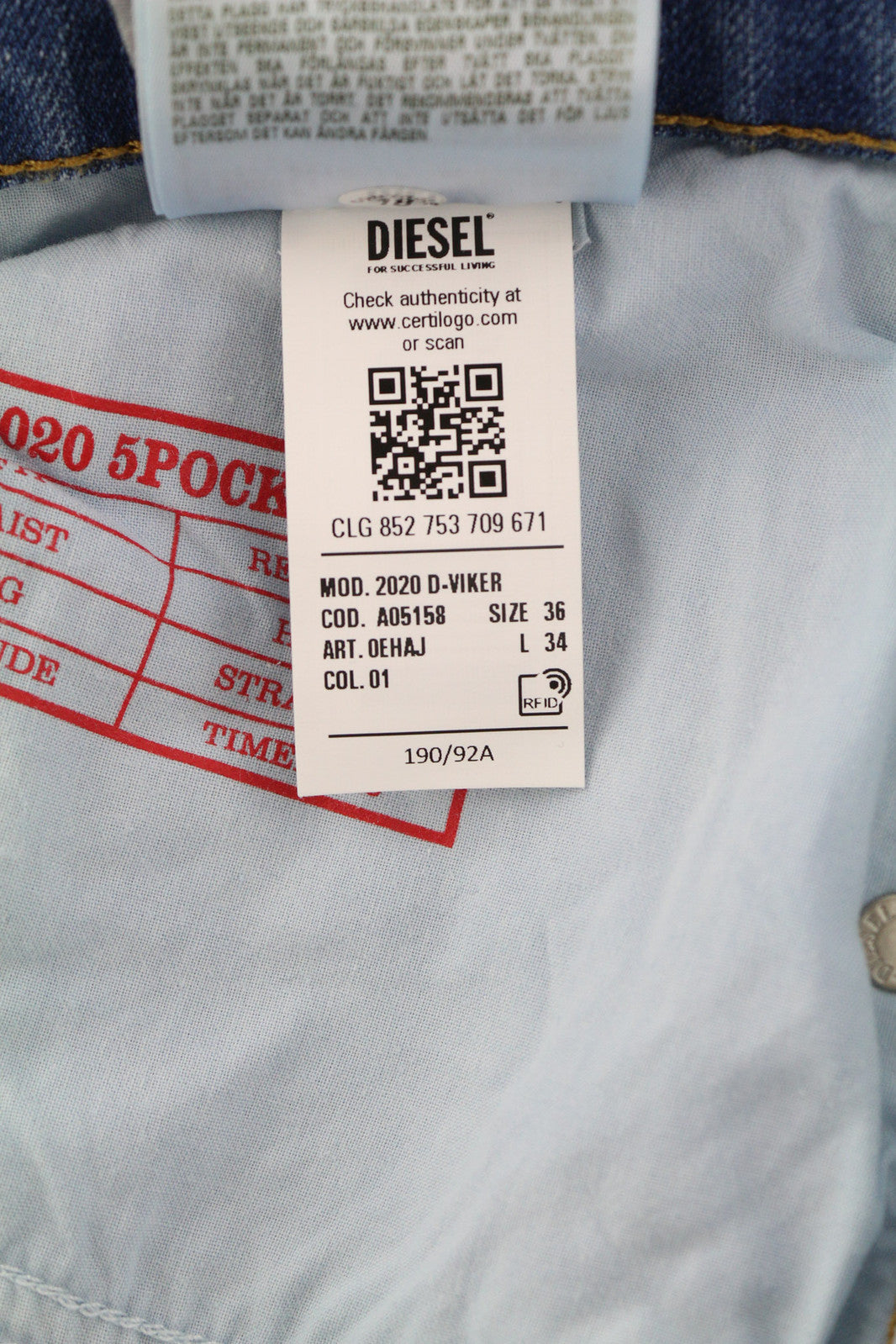 DIESEL 2020 D-Viker REHAJ Men Jeans W36/L34 Regular Mid Waist Straight Leg Blue