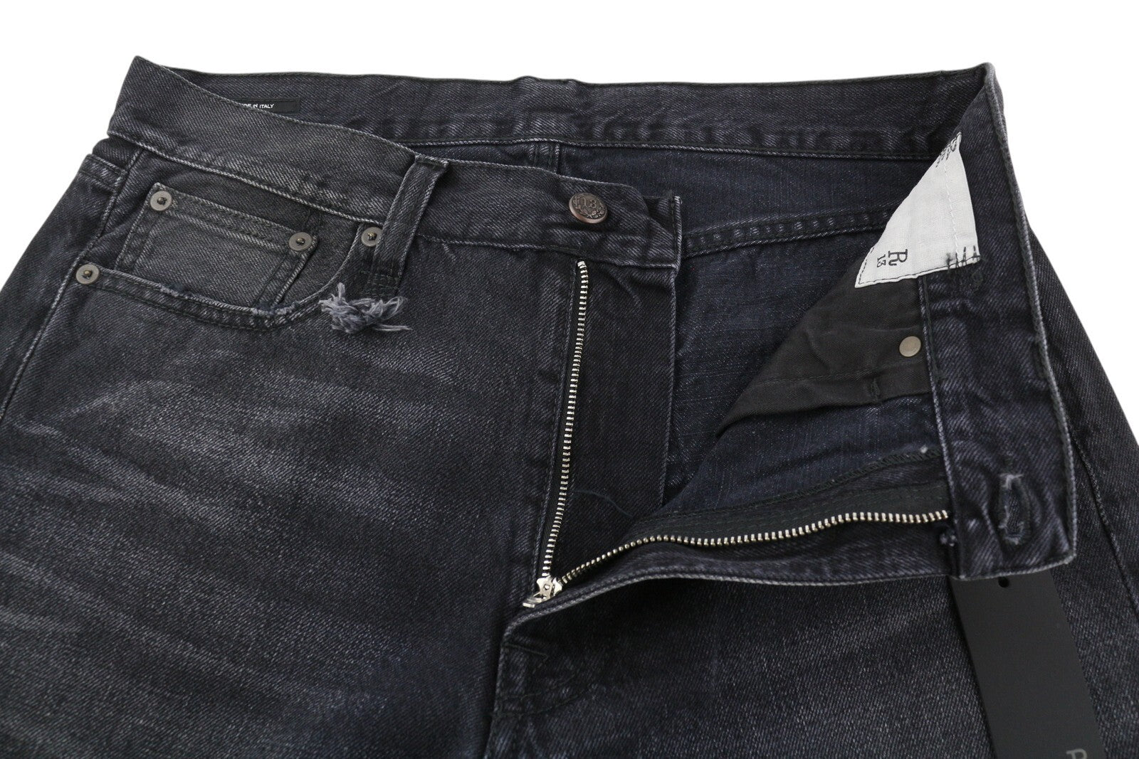 R13 Boyfriend Men Jeans 32 Jake Black Washed Denim Distress Zip Fly Pockets