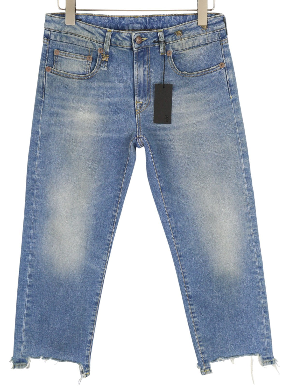 R13 Boy Women Jeans 29 Blue Jasper Stretch Straight Fit Washed Distress Zip