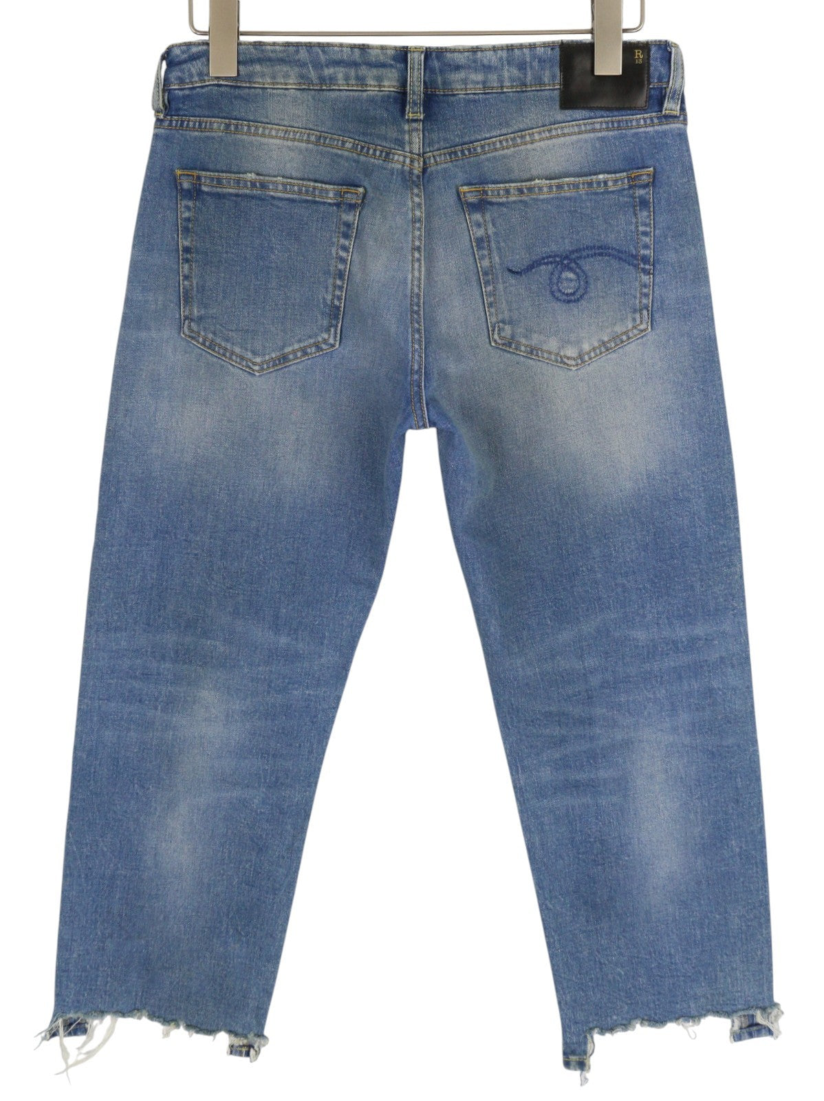 R13 Boy Women Jeans 29 Blue Jasper Stretch Straight Fit Washed Distress Zip