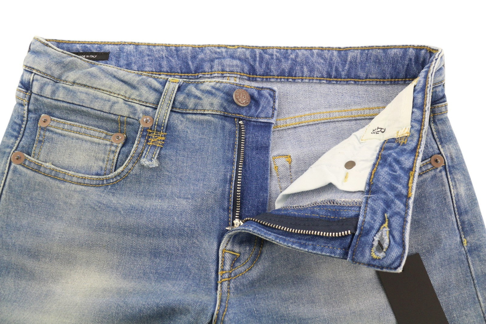 R13 Boy Women Jeans 29 Blue Jasper Stretch Straight Fit Washed Distress Zip