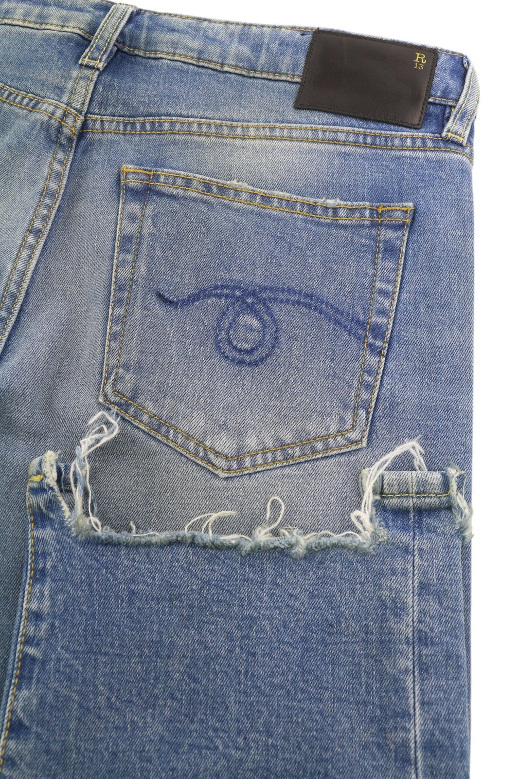 R13 Boy Women Jeans 29 Blue Jasper Stretch Straight Fit Washed Distress Zip