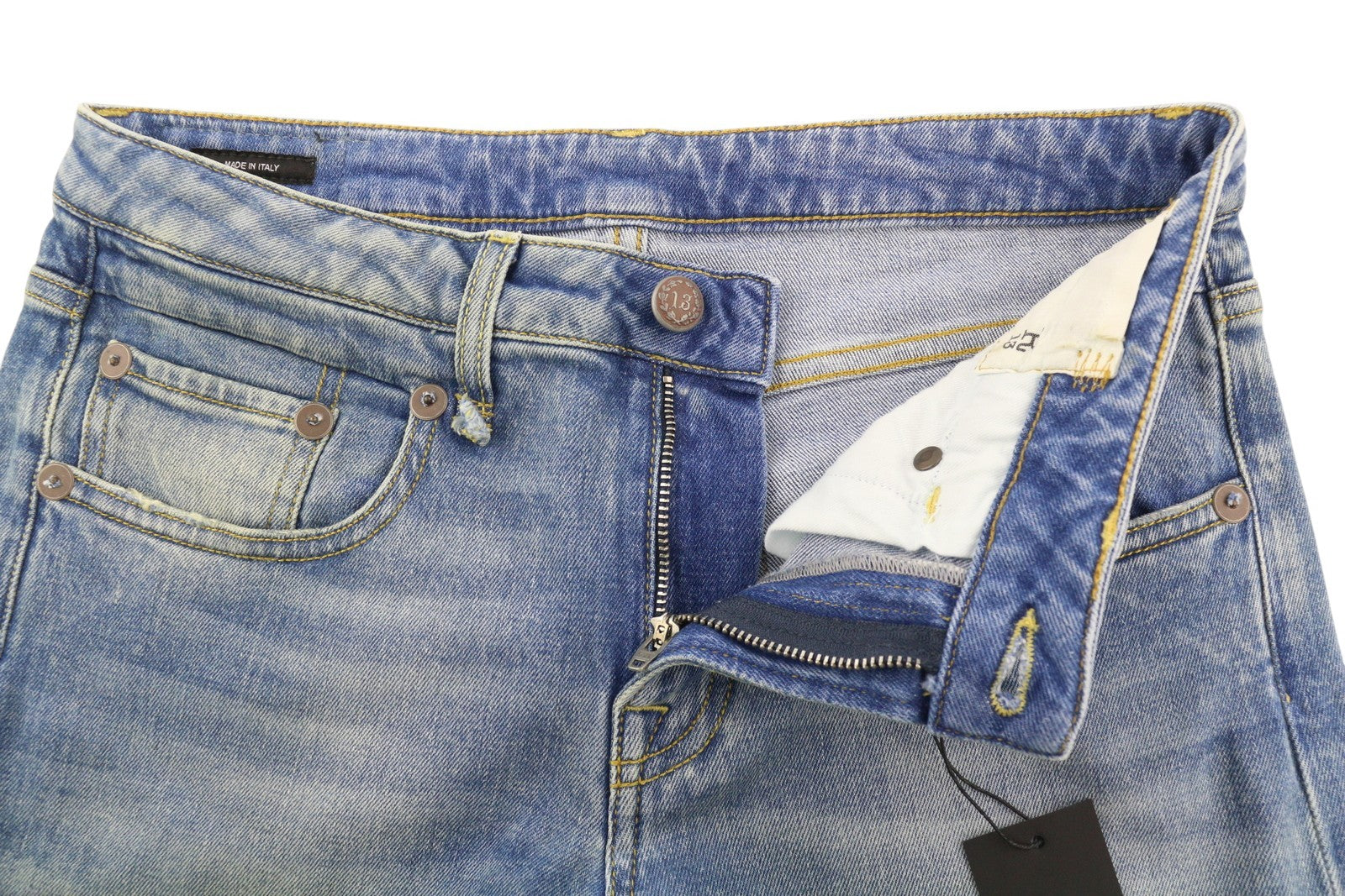 R13 Boy Women Jeans 27 Blue Jasper Stretch Straight Fit Washed Distress Zip