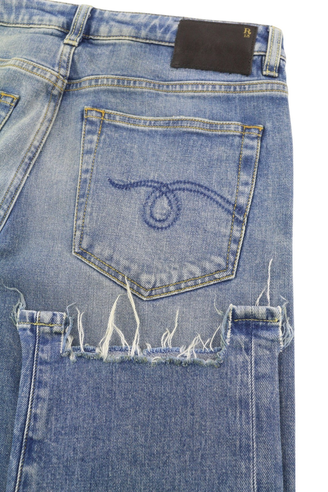 R13 Boy Women Jeans 27 Blue Jasper Stretch Straight Fit Washed Distress Zip