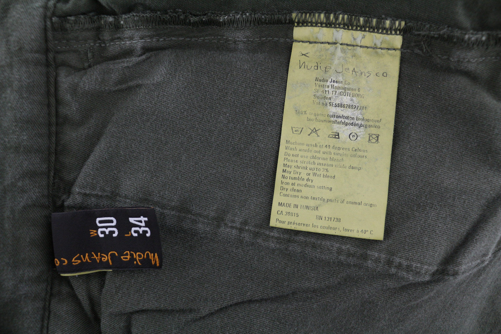 NUDIE JEANS Khaki Regular Men Trousers W30/L34 Organic Olive Crisp Button Fly