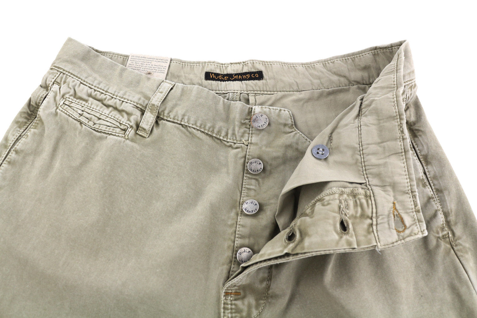 NUDIE JEANS Khaki Regular Men Trousers W29/L32 Beige Chino Buttoned Pockets Logo