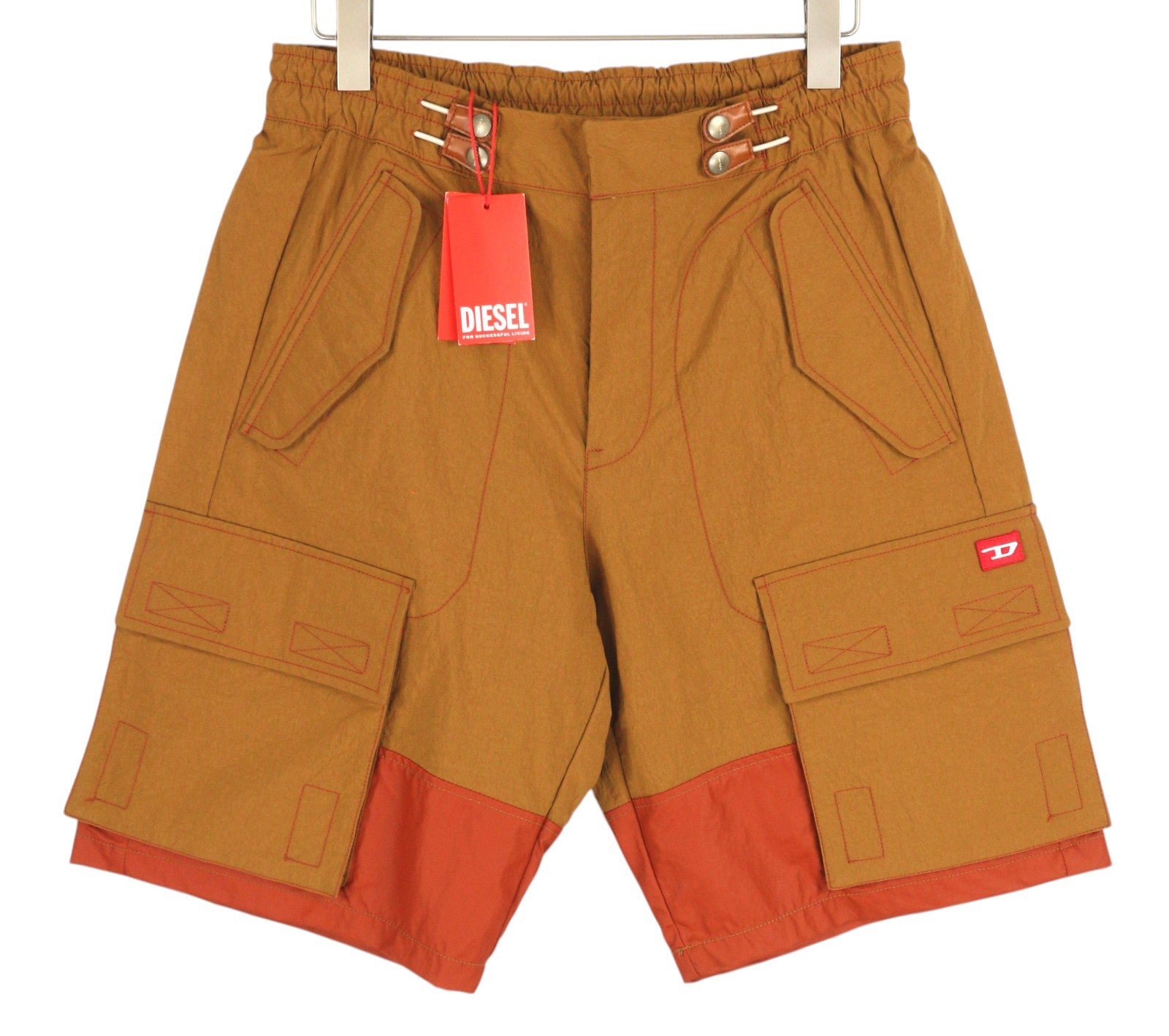 DIESEL P-Glary Men Shorts W32 Cargo Mid Brown Elastic Waist Pockets RRP€175