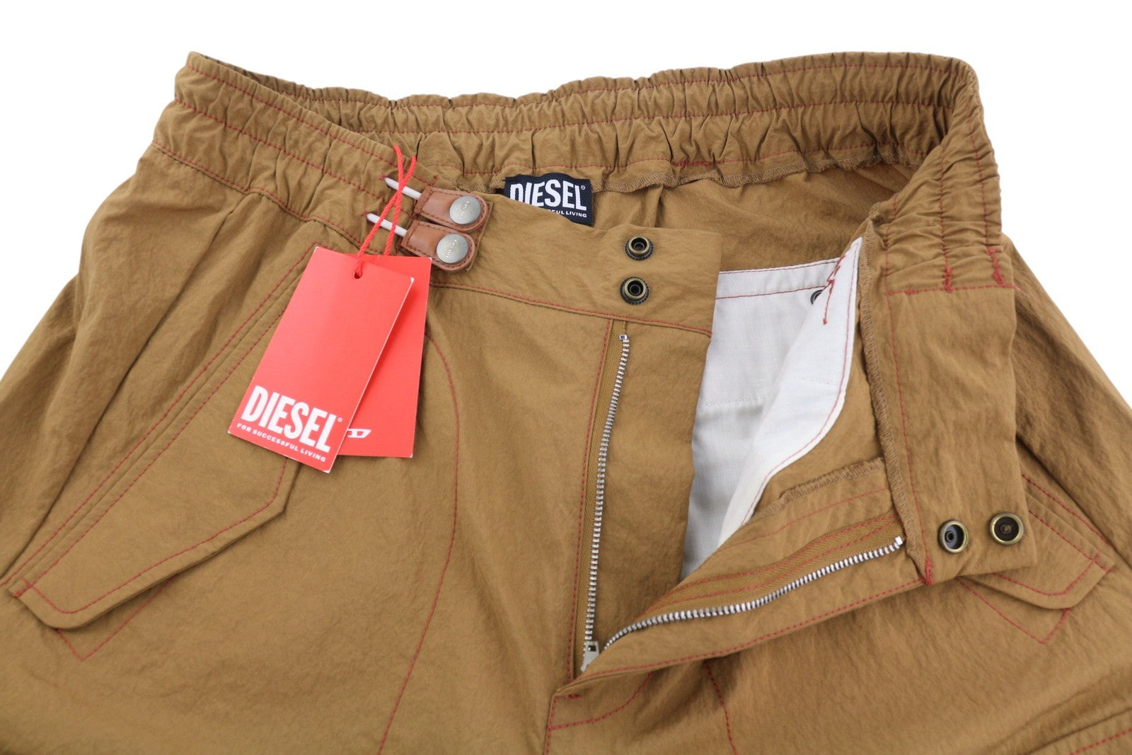 DIESEL P-Glary Men Shorts W32 Cargo Mid Brown Elastic Waist Pockets RRP€175