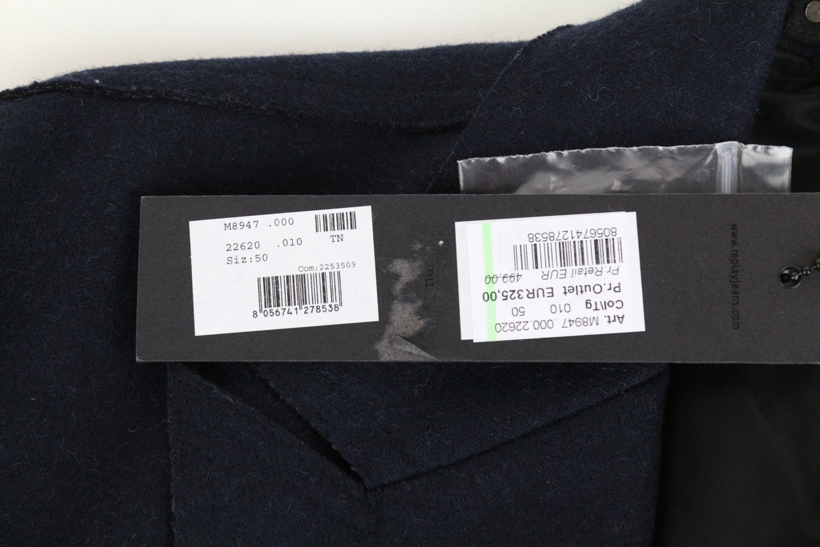 REPLAY Men's Coat 50 Blue Wool Blend Double-Breasted Peak Collared RRP€499