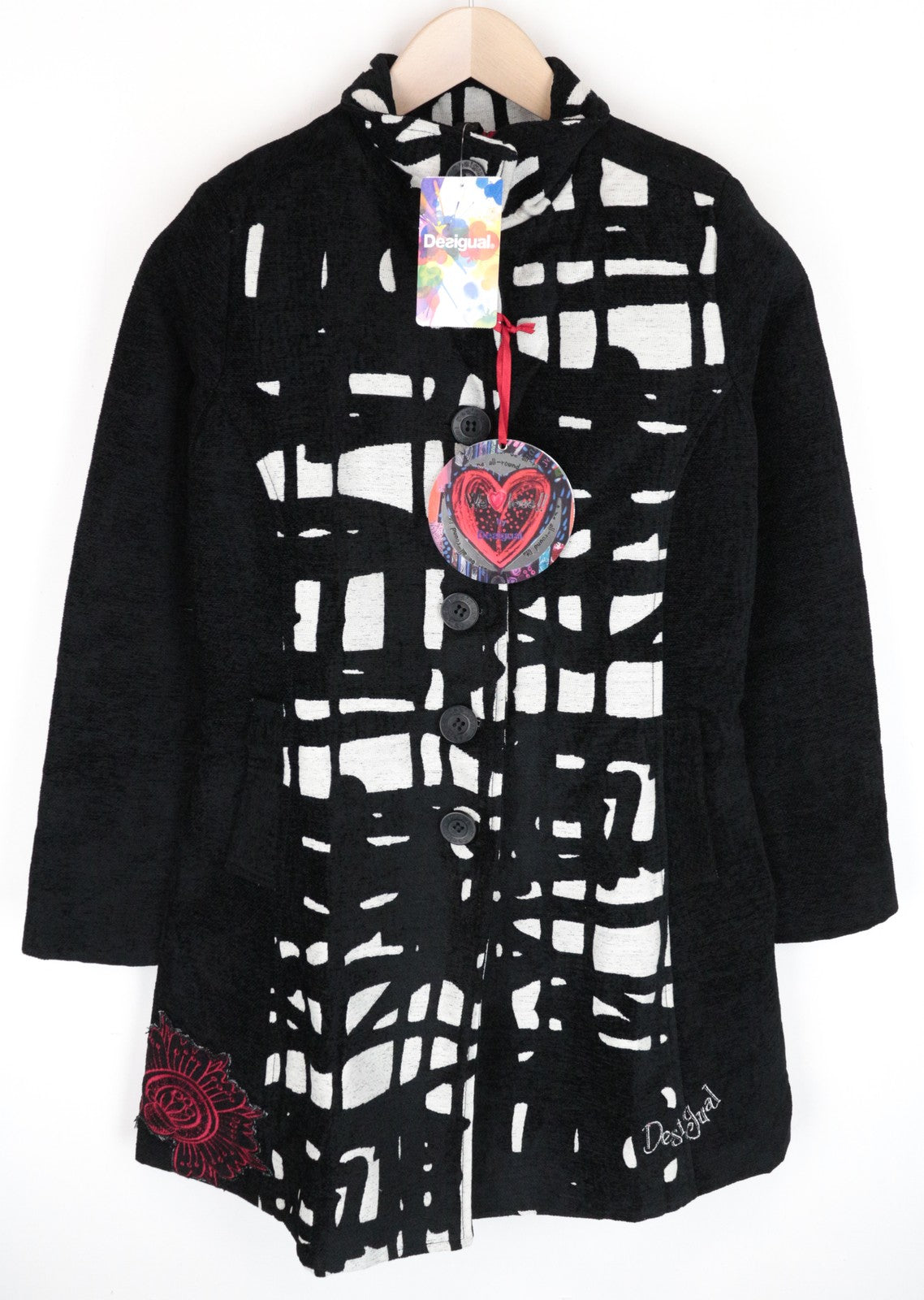 DESIGUAL Anna Laura Women Coat ~38 Black Cotton Blend Single-Breasted Patterned