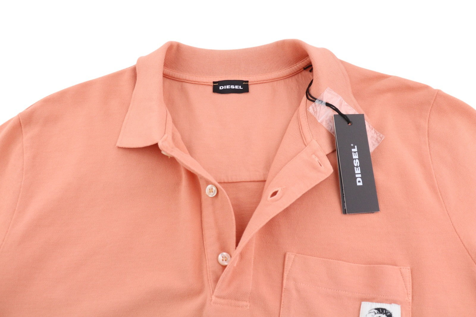 DIESEL T-Polo-Worky Men T-Shirt L Peach Short Sleeve Half Button Stretchy Logo