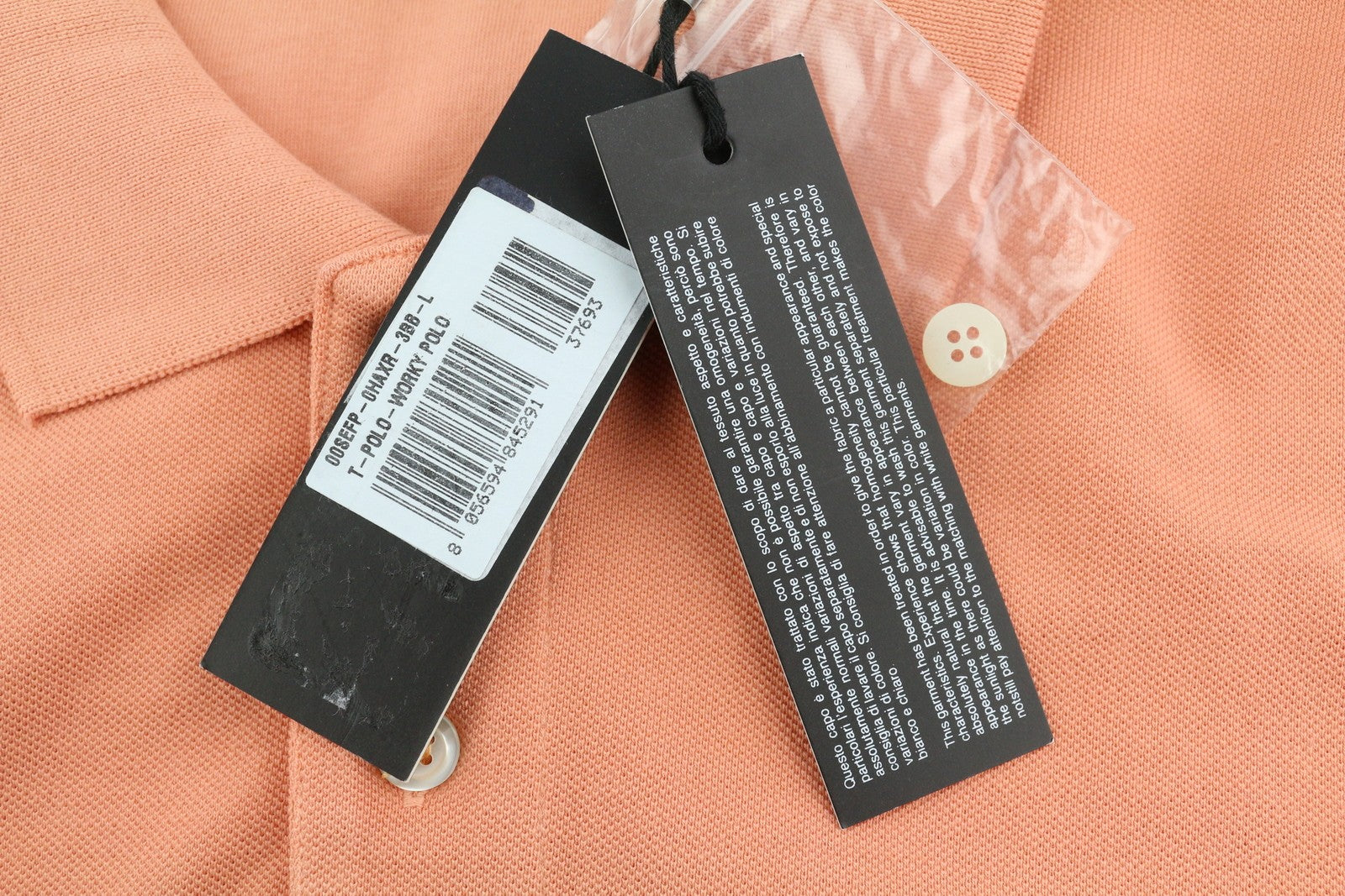 DIESEL T-Polo-Worky Men T-Shirt L Peach Short Sleeve Half Button Stretchy Logo