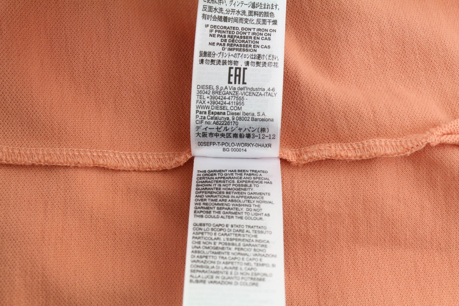 DIESEL T-Polo-Worky Men T-Shirt L Peach Short Sleeve Half Button Stretchy Logo