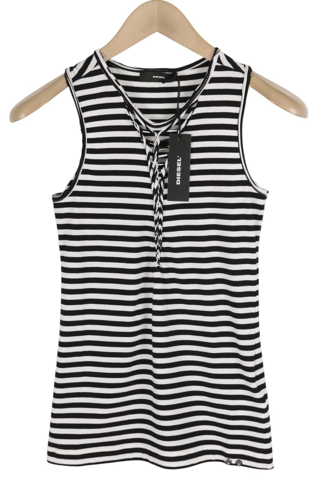 DIESEL T-Amos Women T-Shirt S Sleeveless Stripe Print Round Neck White Black
