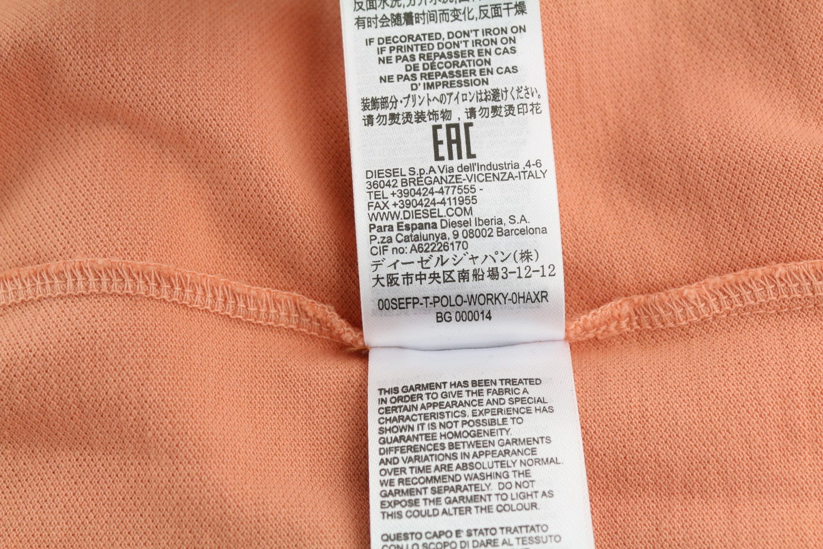 DIESEL T-Polo-Worky Men T-Shirt S Peach Short Sleeve Half Button Stretch Logo