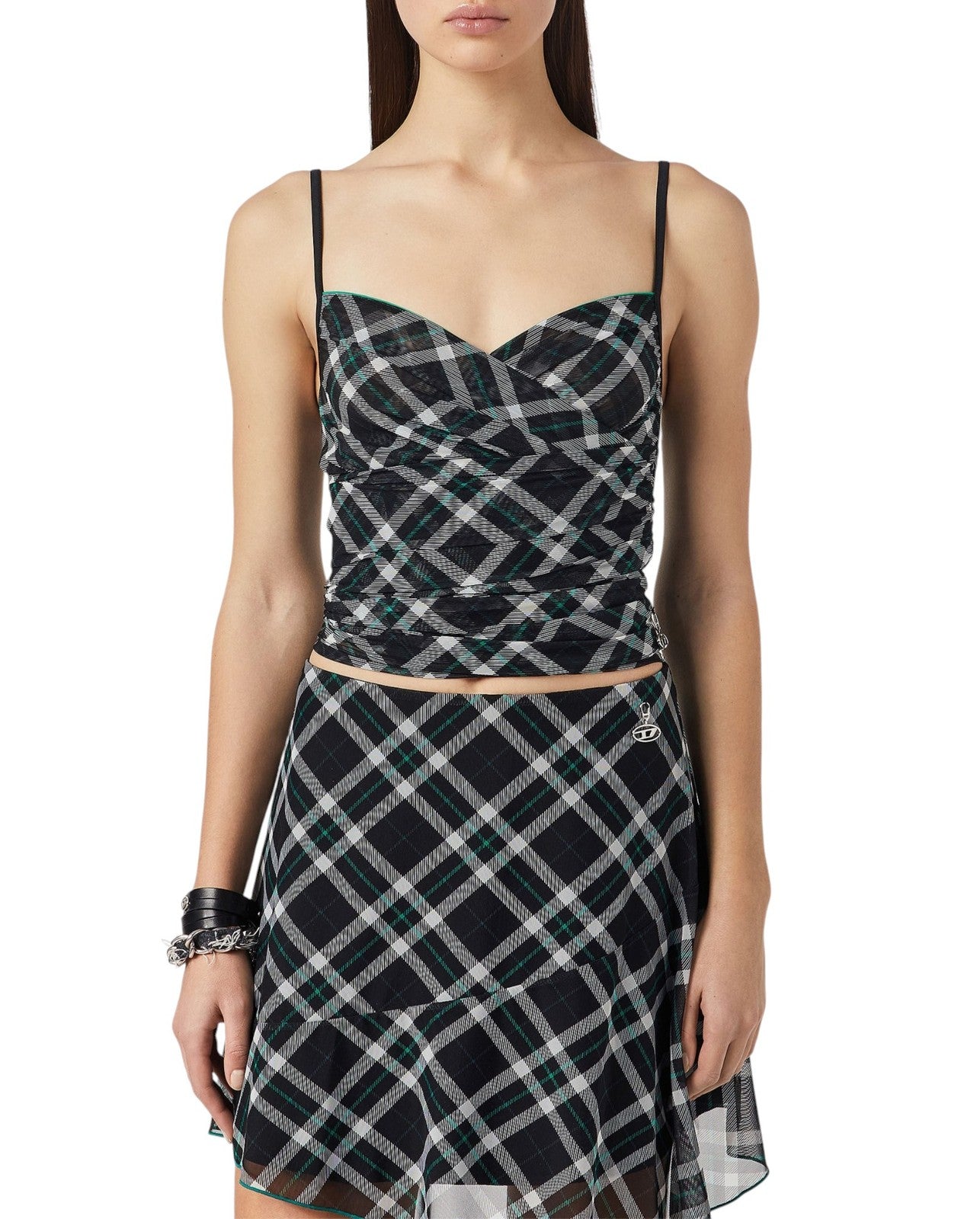 DIESEL T-Solas-Drap Women T-Shirt S Black Plaid Print Sleeveless Ruffle RRP€150