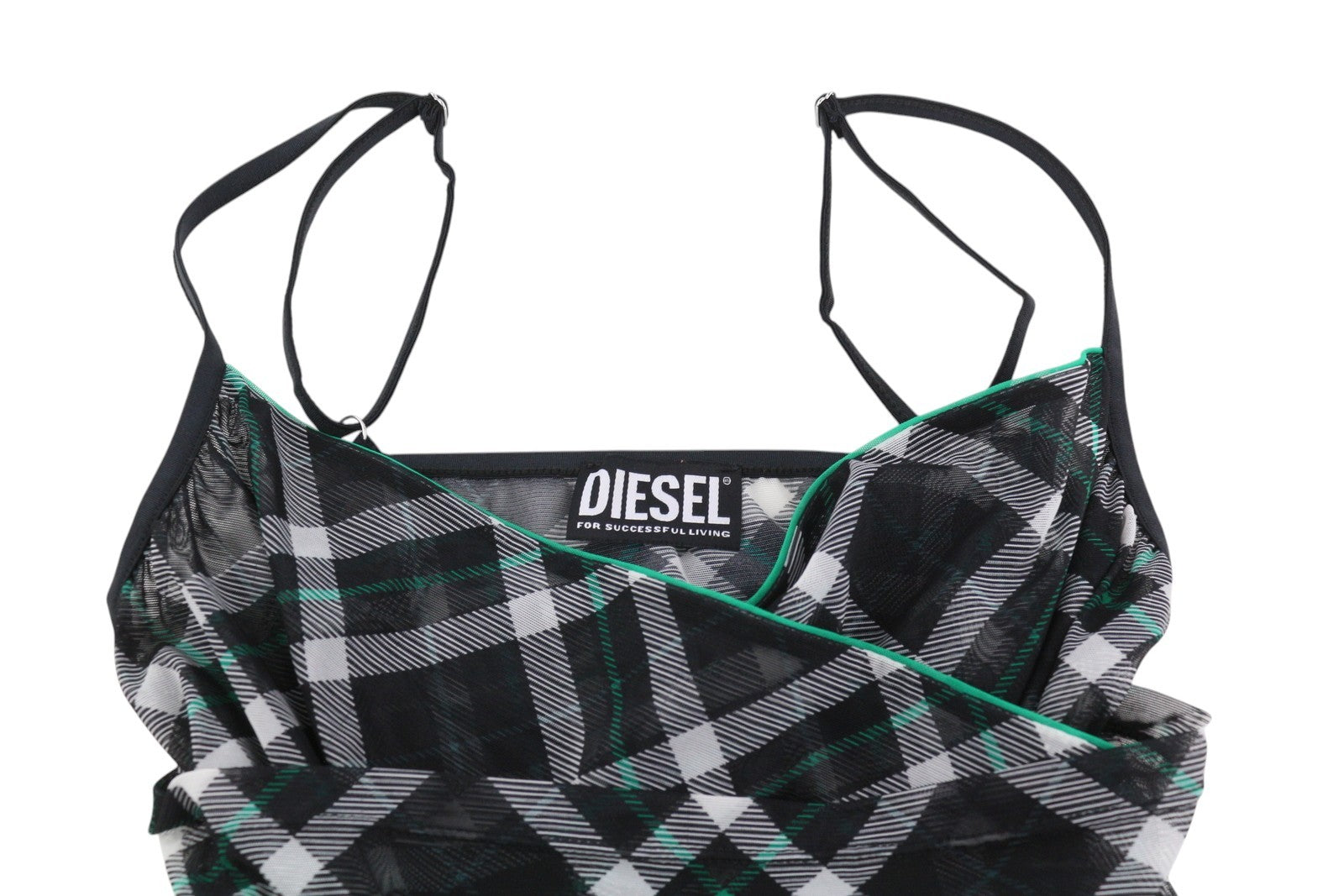 DIESEL T-Solas-Drap Women T-Shirt S Black Plaid Print Sleeveless Ruffle RRP€150
