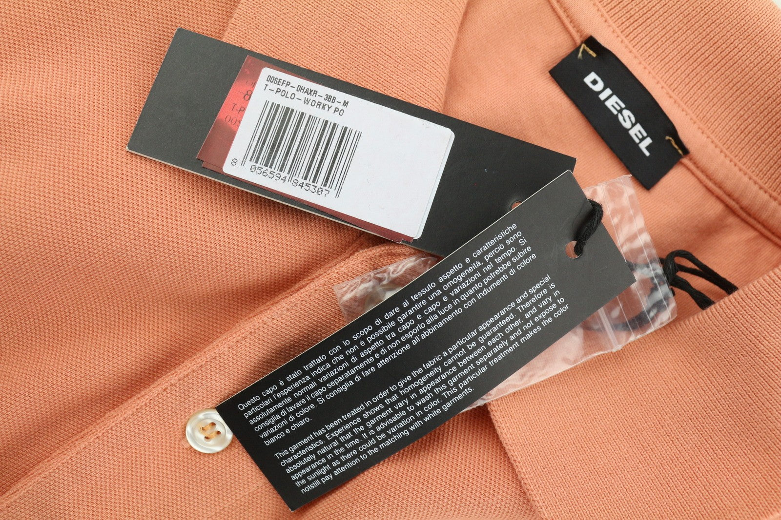 DIESEL T-Polo-Worky Men T-Shirt M Peach Short Sleeve Half Button Stretch Logo