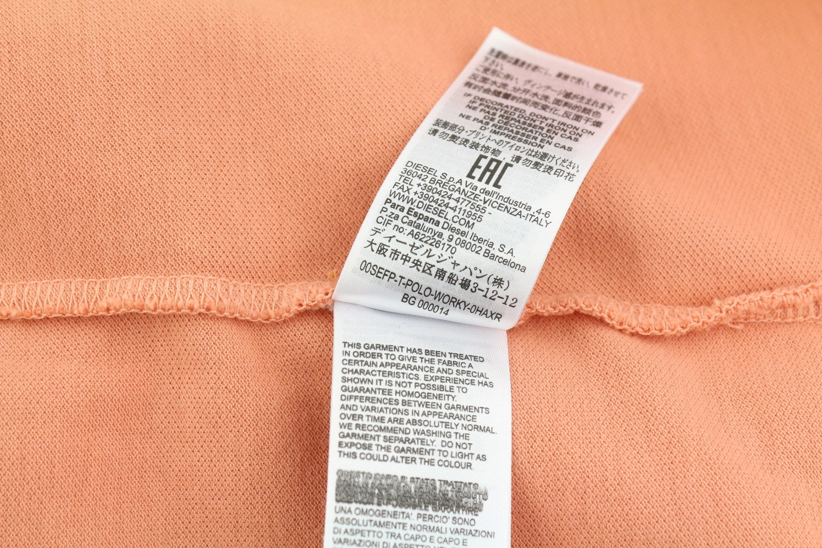 DIESEL T-Polo-Worky Men T-Shirt M Peach Short Sleeve Half Button Stretch Logo