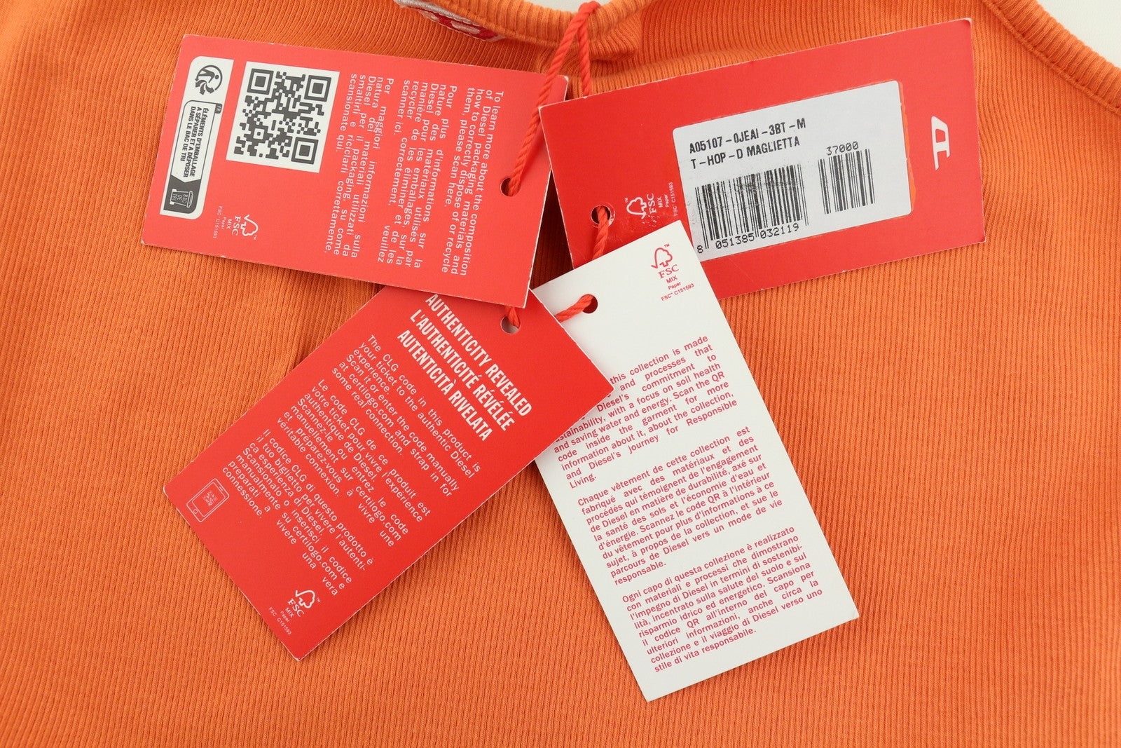 DIESEL T-Hop-D Women T-Shirt M Orange Sleeveless Cropped Round Neck Stretch Logo