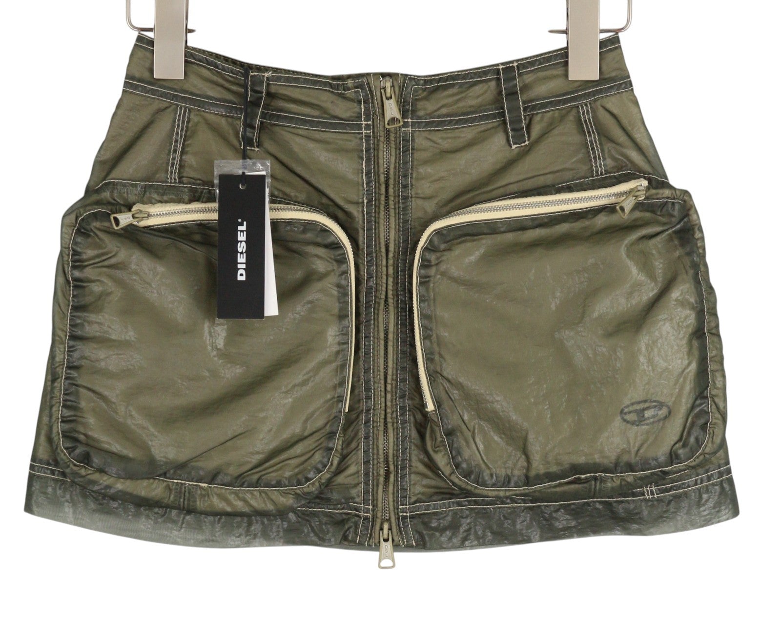 DIESEL O-Kylie-A Women Skirt W26 Khaki green Patch Coated Zip Mini RRP€195