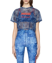 DIESEL Awtee-Briize-Wt28 Women T-Shirt S Washed Blue Short Sleeved Sheer Cropped