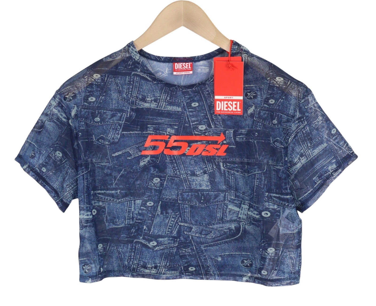 DIESEL Awtee-Briize-Wt28 Women T-Shirt S Washed Blue Short Sleeved Sheer Cropped