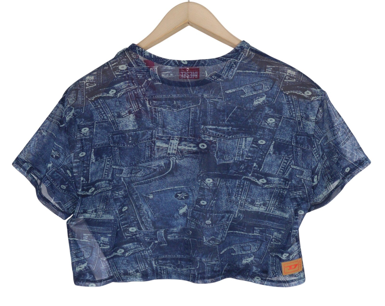 DIESEL Awtee-Briize-Wt28 Women T-Shirt S Washed Blue Short Sleeved Sheer Cropped