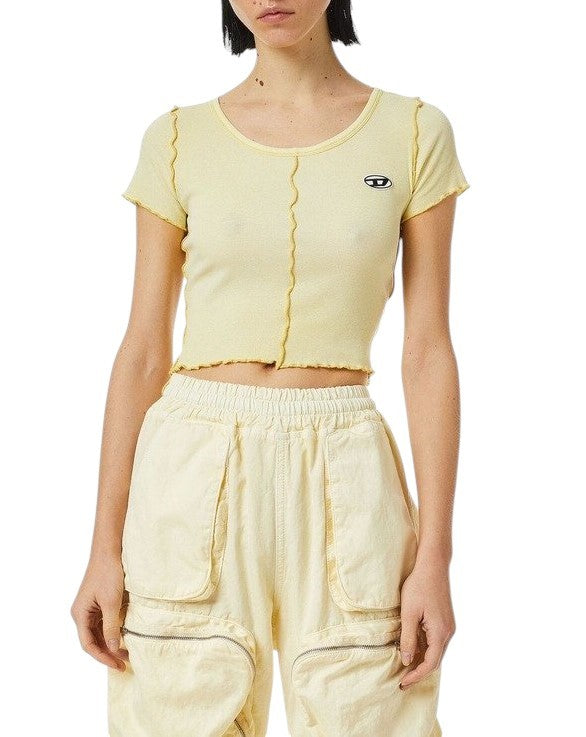 DIESEL T-Ribby Women T-Shirt S Yellow Short Sleeve Round Neck Stretch Cropped