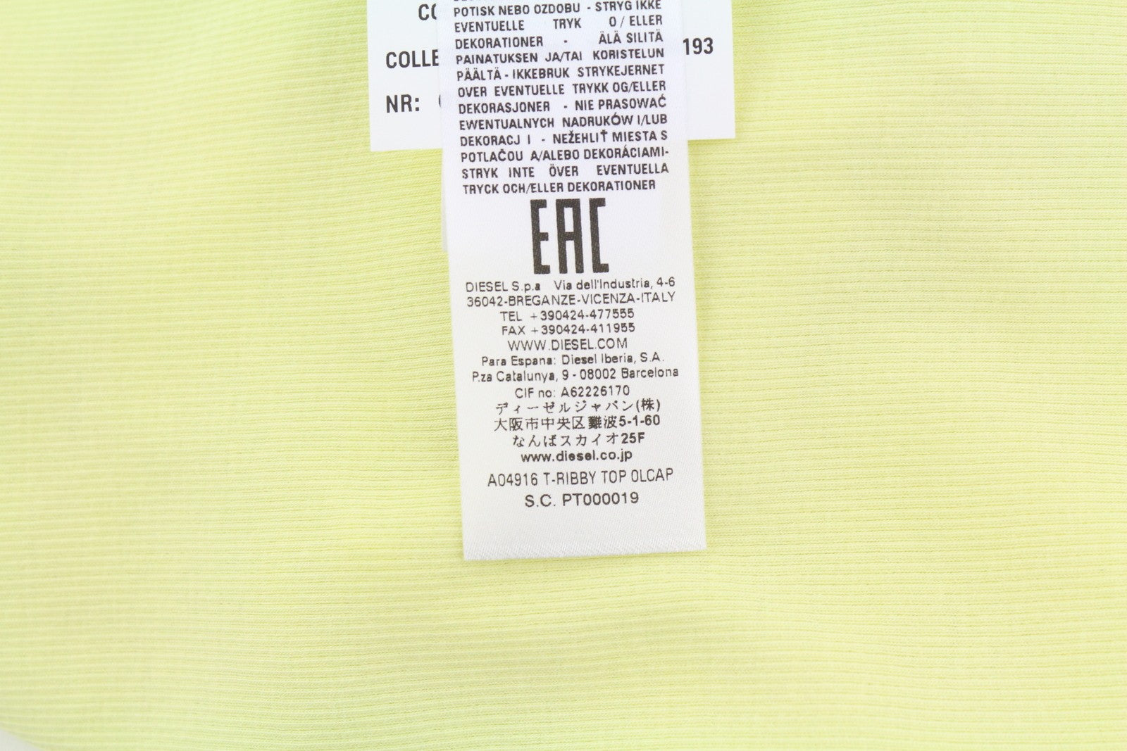 DIESEL T-Ribby Women T-Shirt S Yellow Short Sleeve Round Neck Stretch Cropped