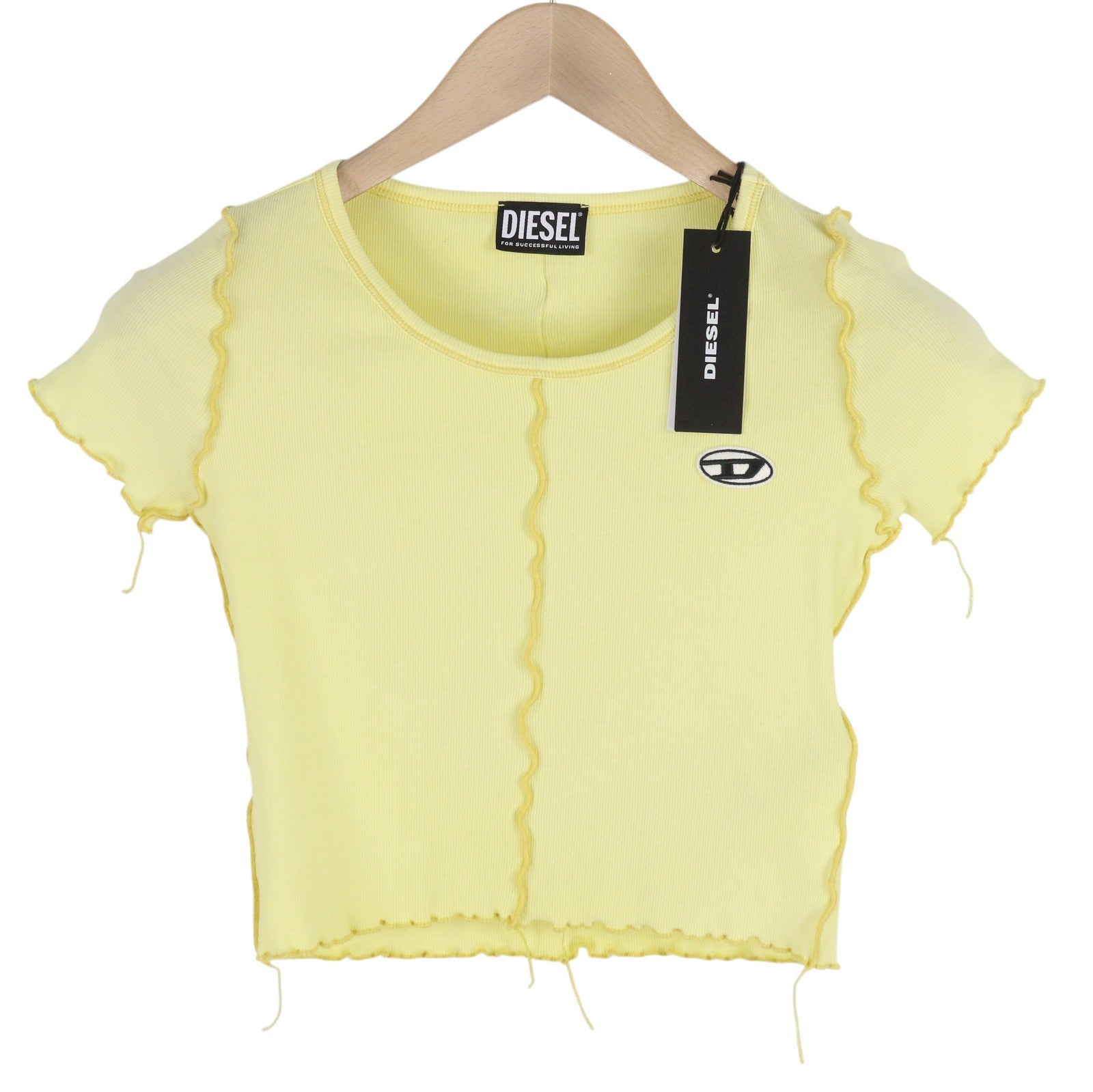 DIESEL T-Ribby Women T-Shirt S Yellow Short Sleeve Round Neck Stretch Cropped