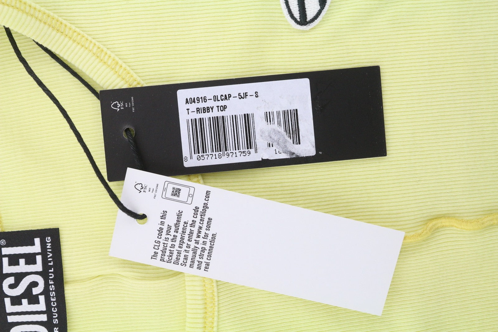 DIESEL T-Ribby Women T-Shirt S Yellow Short Sleeve Round Neck Stretch Cropped