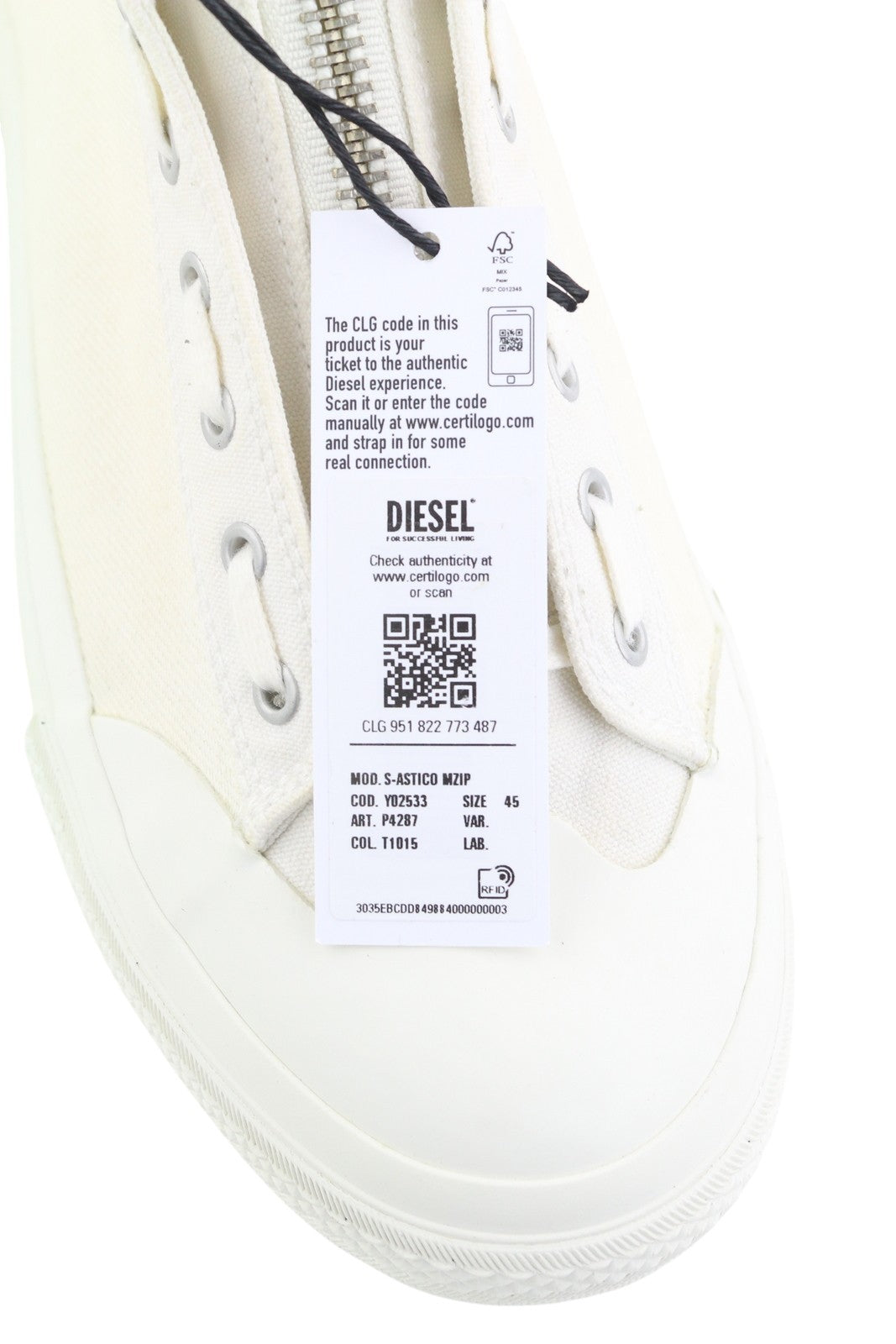 DIESEL S-Astico Mzip Men Sneakers EU45 White Zip Fly Mid Top Almond Toe RRP€180