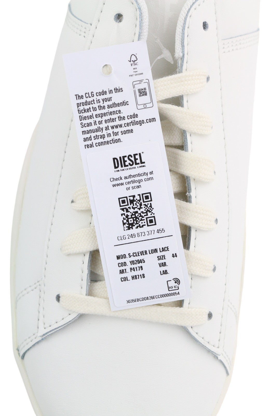 DIESEL S-Clever Low Lace Men Sneakers EU44 Leather White Almond Toe RRP€140
