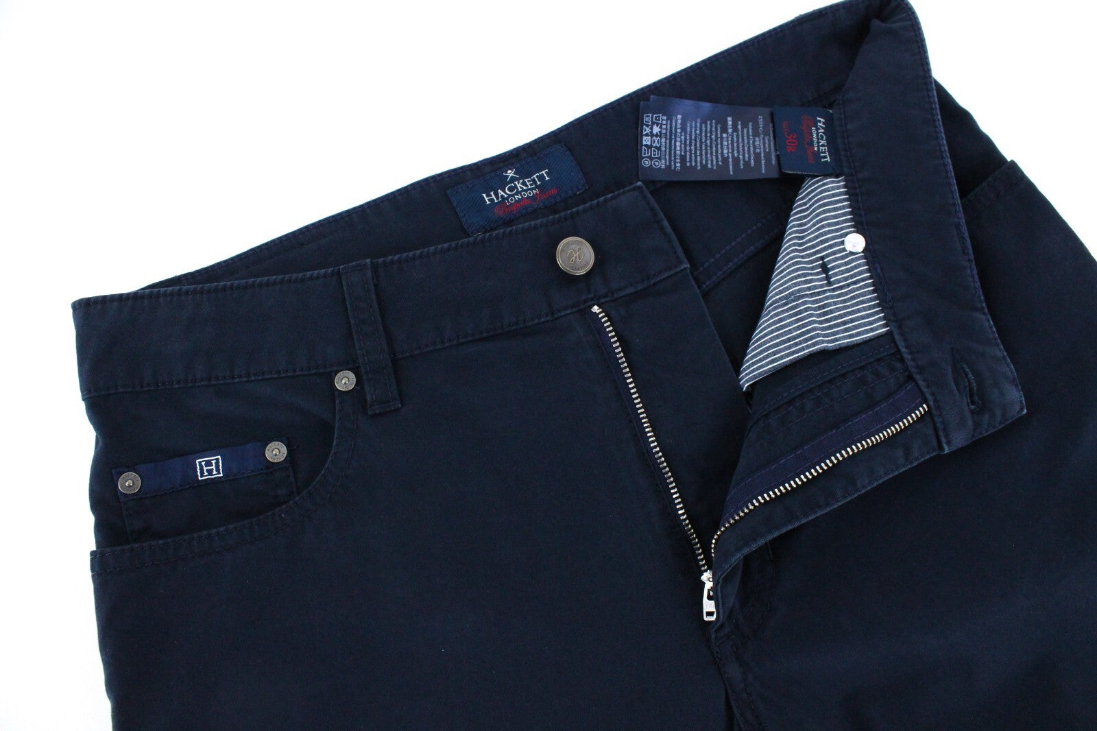 HACKETT vyriški džinsai UK30R tamsiai mėlyni, tamprūs, įprasti, tiesūs, klasikinio stiliaus 