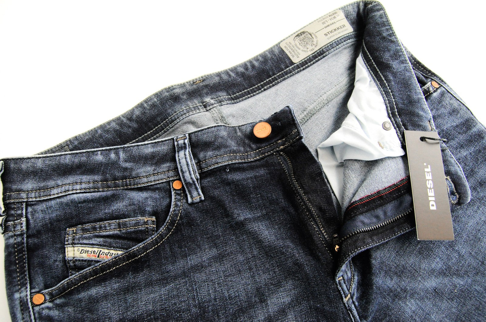 DIESEL Stickker 0687M vyriški aptempti itin ploni džinsai W34 L30 akmens mėlynumo 