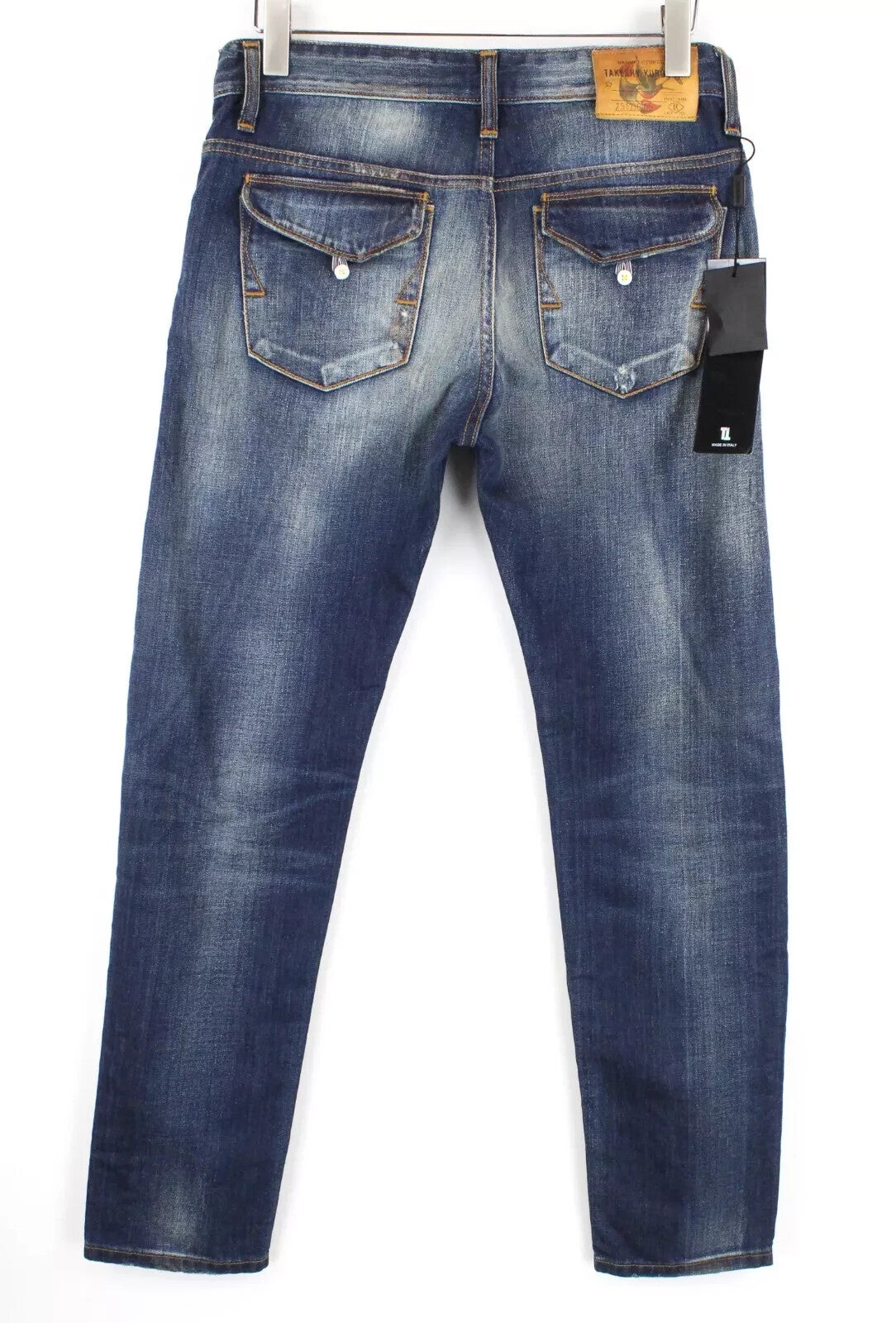 TAKESHY KUROSAWA mėlyni džinsai W32 vyrams, apdriskę, su sagomis ir dėmėtu džinsiniu stiliumi 