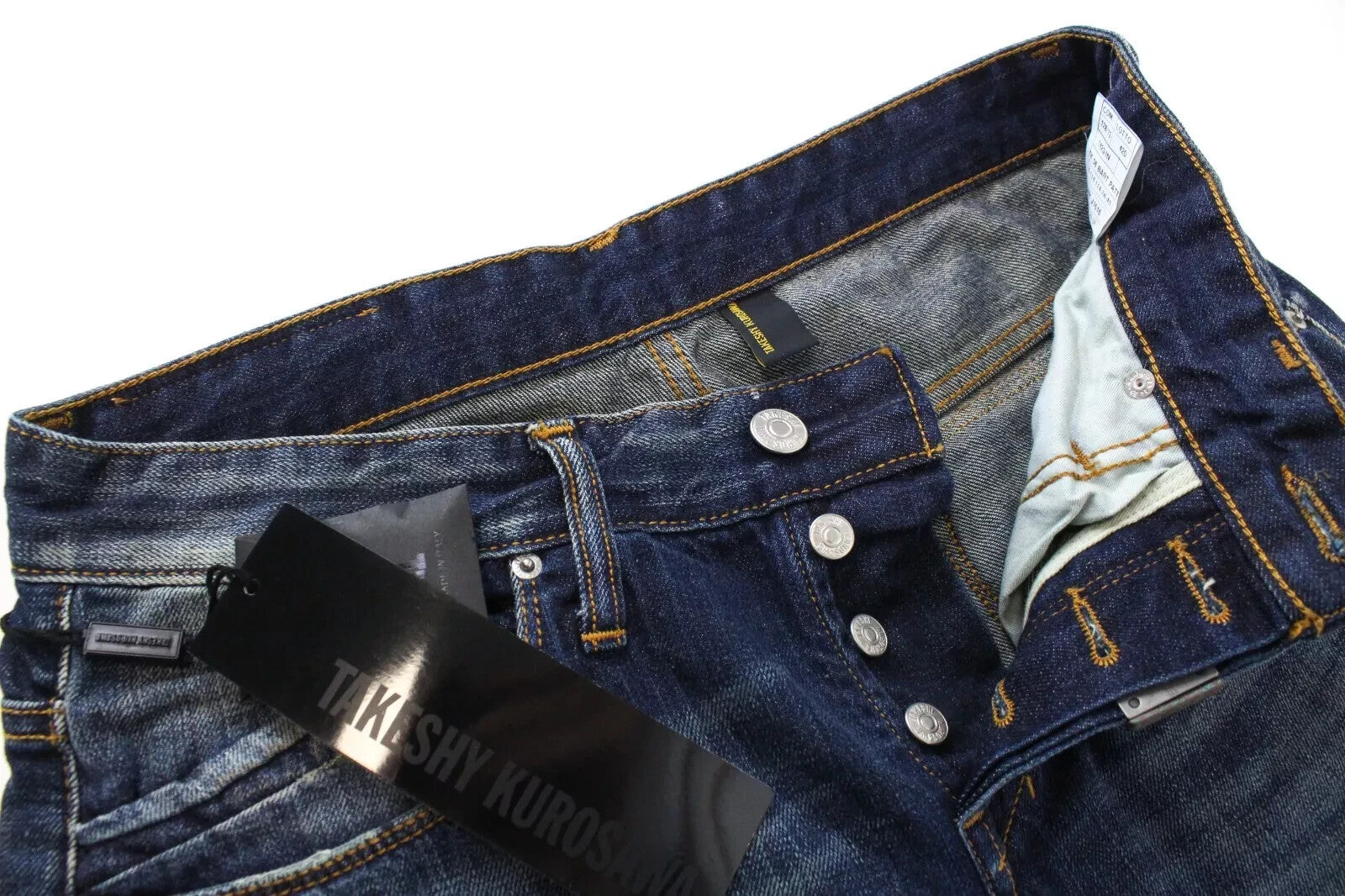 TAKESHY KUROSAWA mėlyni džinsai W32 vyrams, apdriskę, su sagomis ir dėmėtu džinsiniu stiliumi 