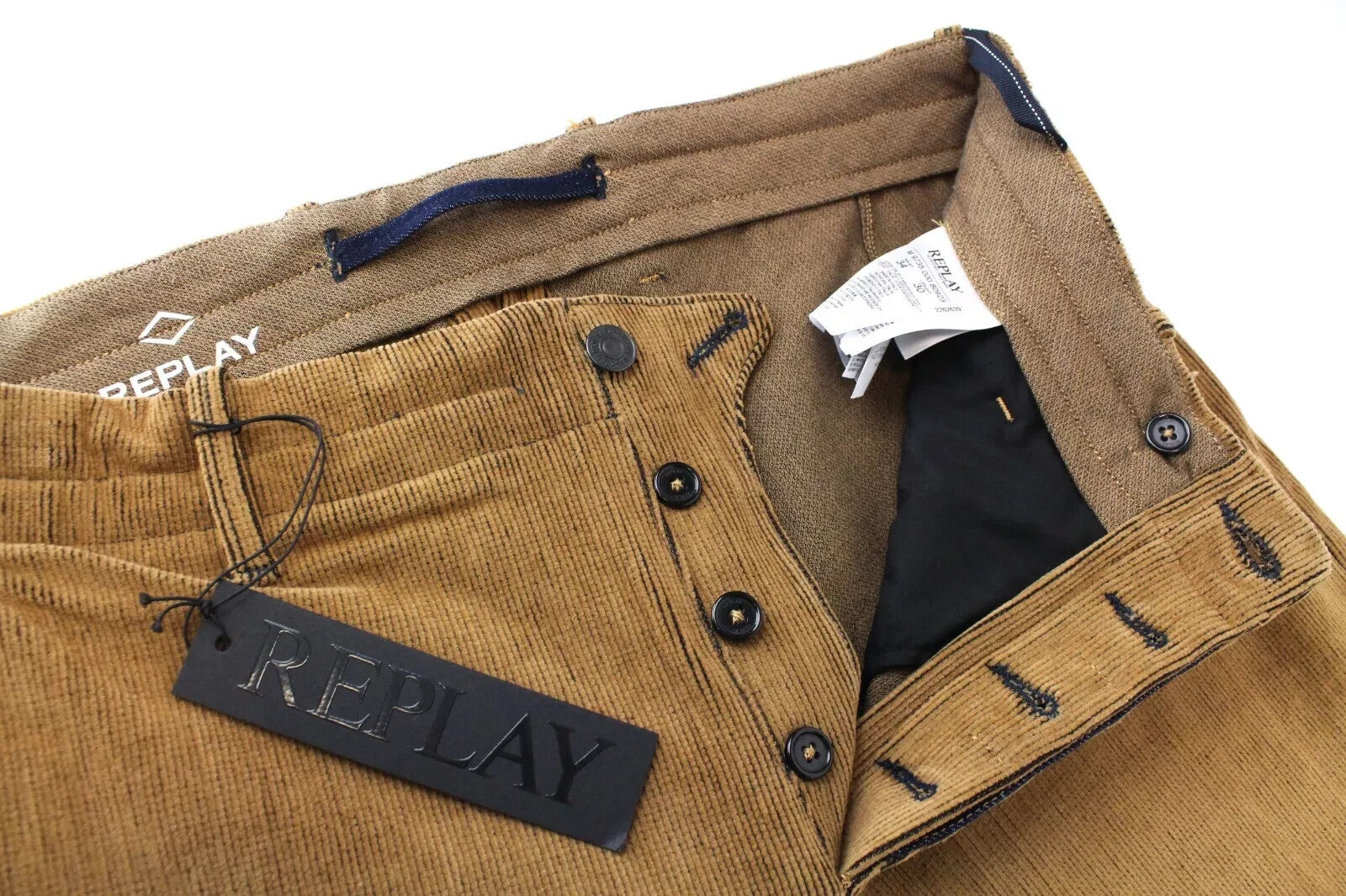 REPLAY Men's Chino Trousers W34 L30 Brown Corduroy Patched Pocket Button-Fly