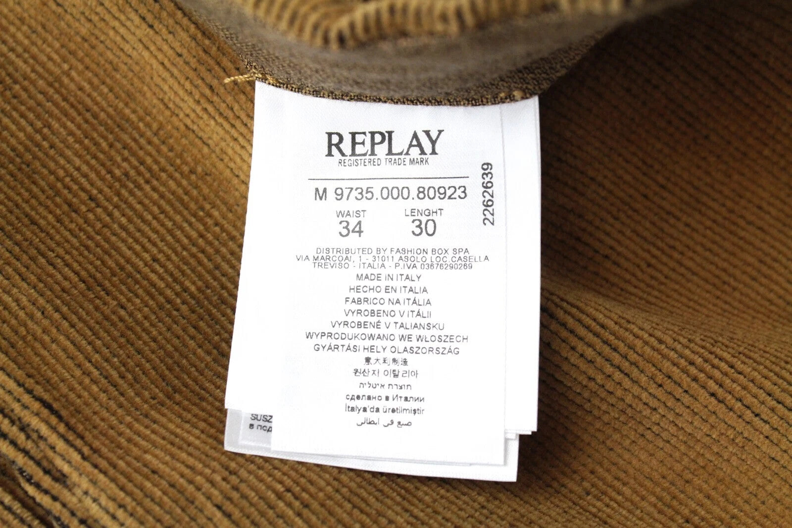 REPLAY Chino Pants W34 L30 Brown Corduroy Patched Pocket Button-Fly Men