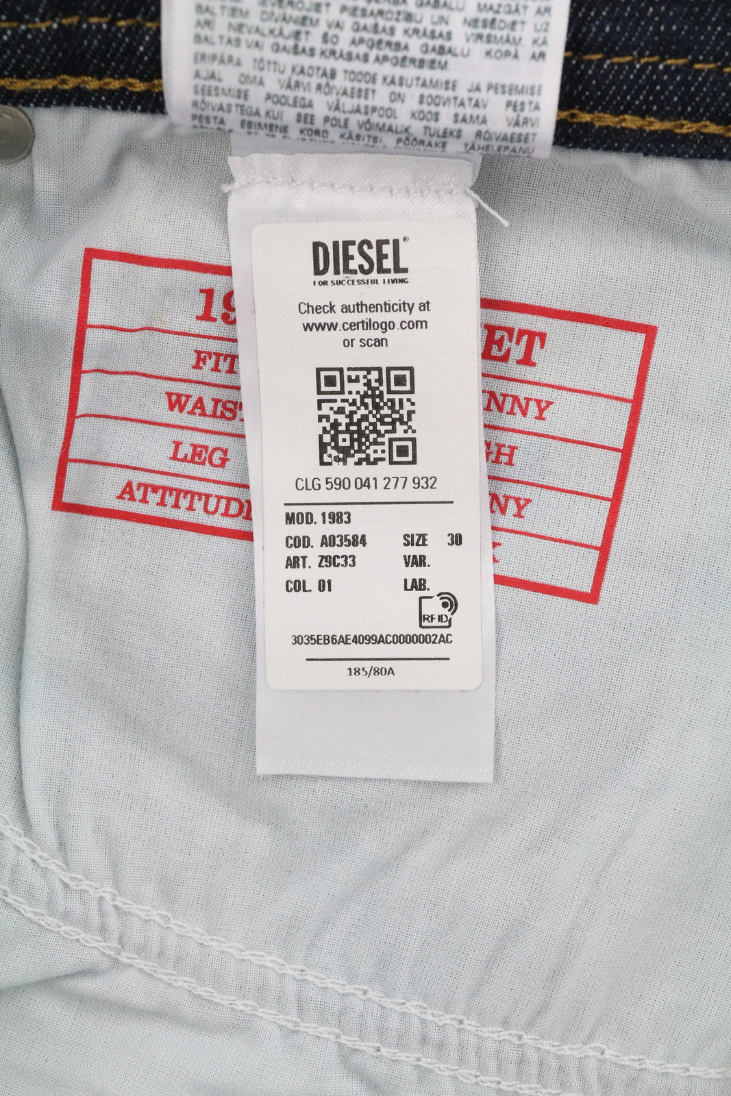 DIESEL 1983 Z9C33 Men Jeans W30/L32 Skinny Fit High Waist Zipper Denim Blue