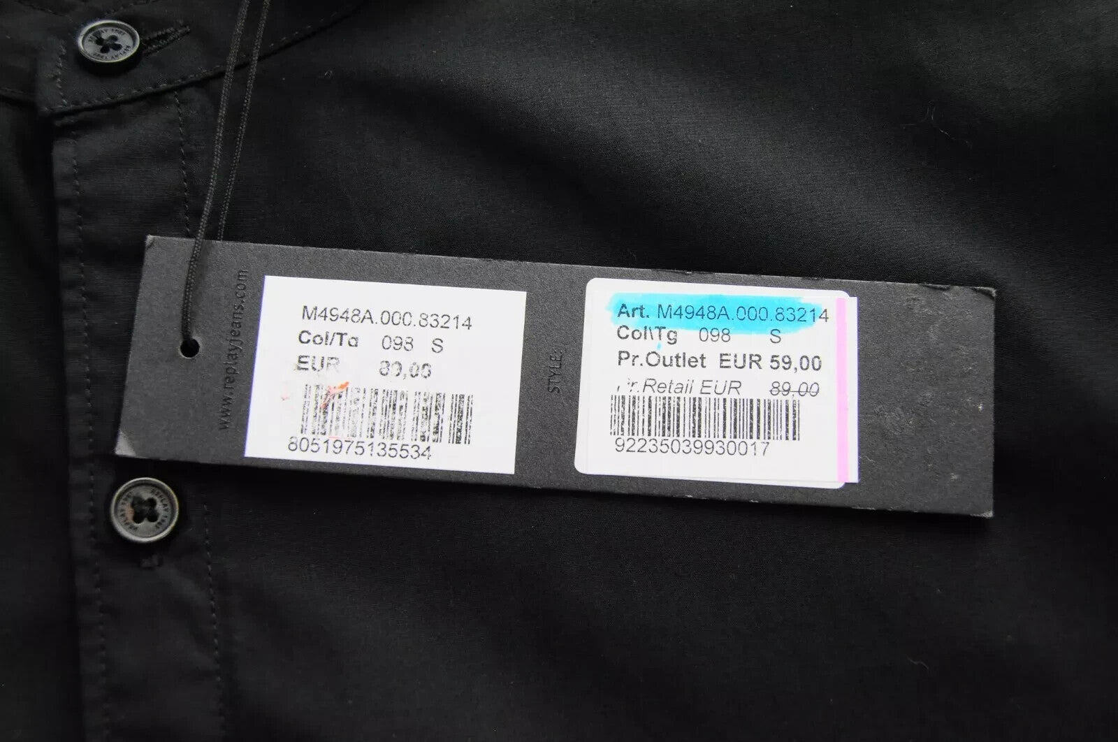 REPLAY Mens Shirt S Black Long Sleeve  Cotton Band Collar Button Shirt