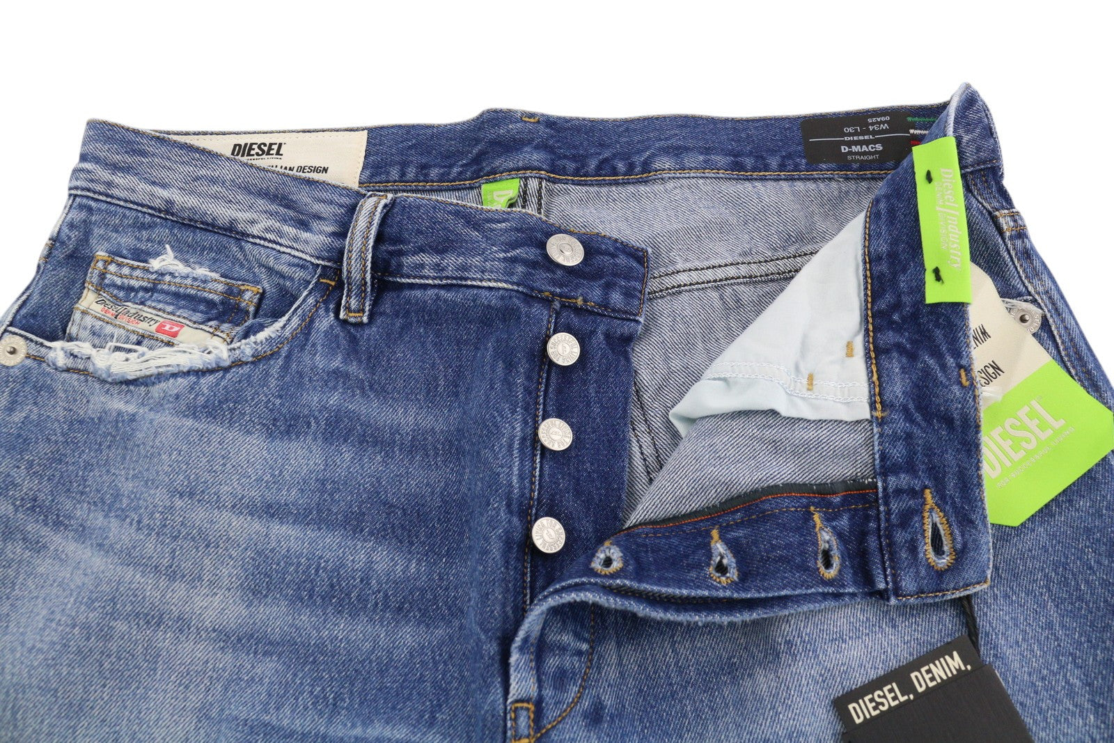 DIESEL D-Macs 09A25 Men Jeans W34/L30 Straight Fit Ripped RRP€250 Washed Blue