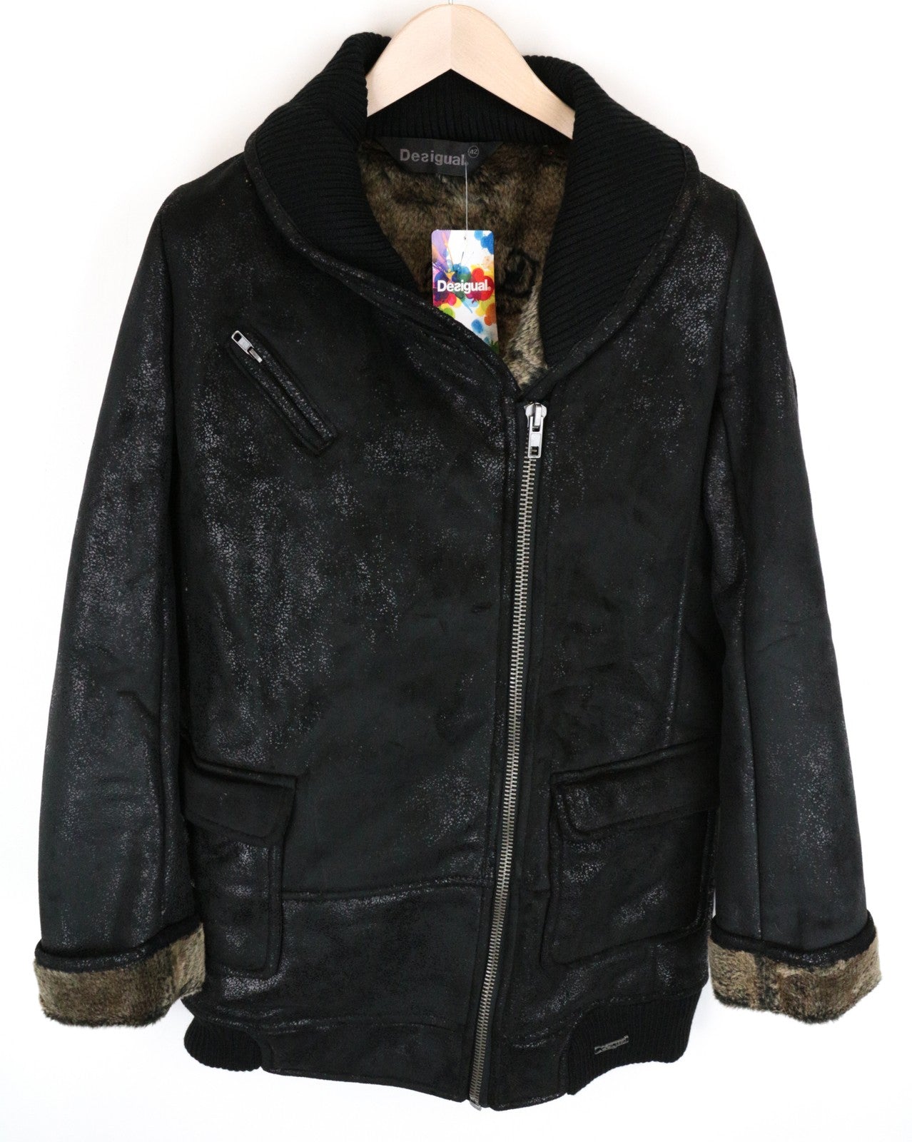 DESIGUAL Werewolf Women's Jacket 42 Zipped Faux Fur Black