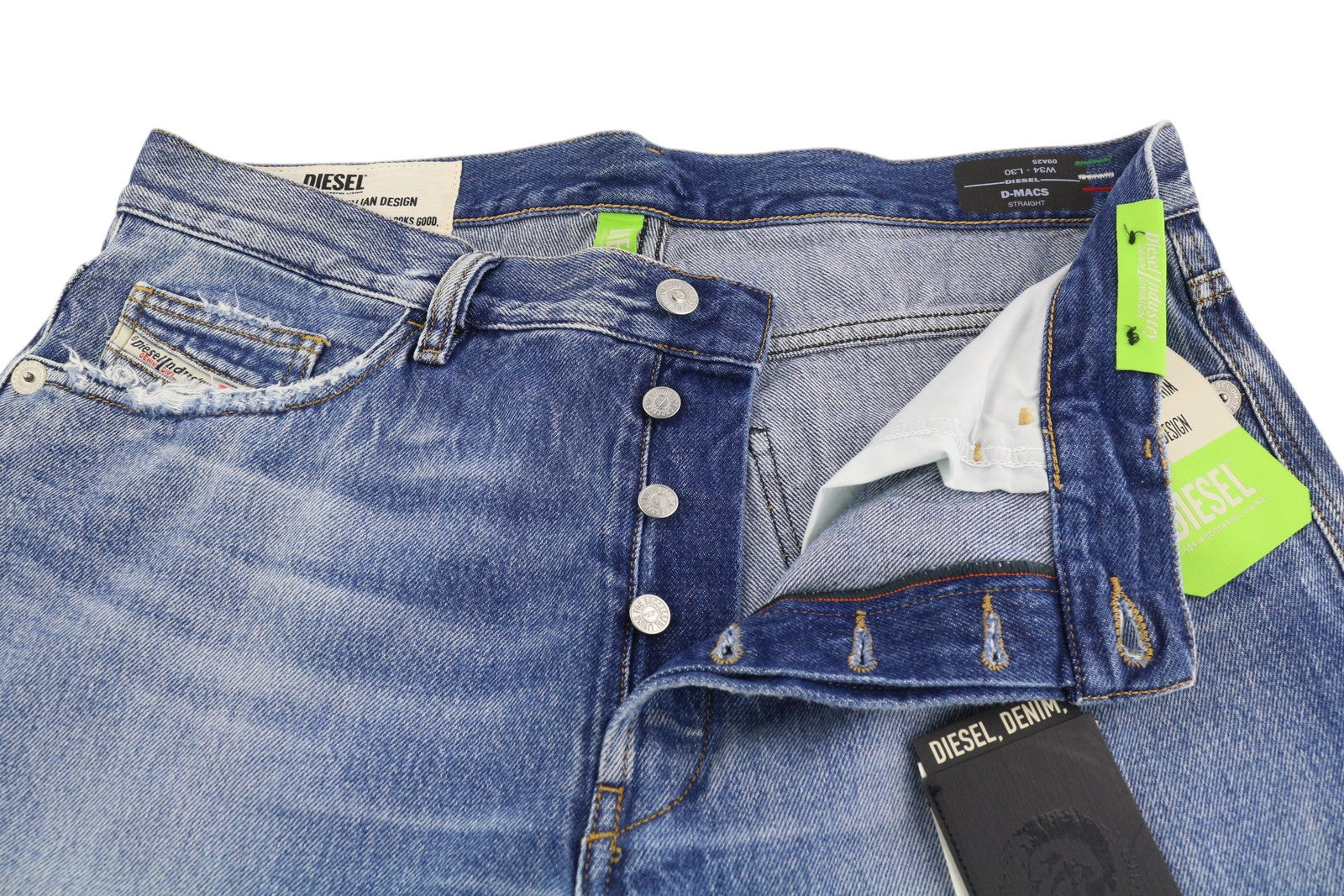 DIESEL D-Macs 09A25 Men Jeans W34/L30 Straight Fit Ripped RRP€250 Washed Blue