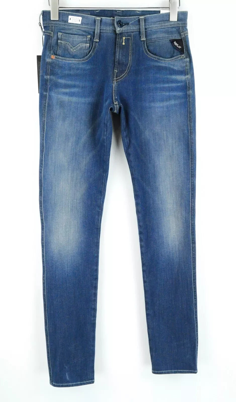 REPLAY Anbass vyriški džinsai W29/L32 Slim mėlyni tamprūs medvilniniai džinsai su 5 kišenėmis 