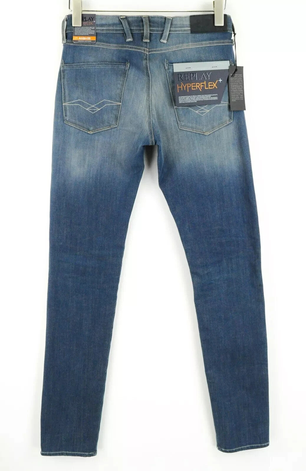REPLAY Anbass vyriški džinsai W29/L32 Slim mėlyni tamprūs medvilniniai džinsai su 5 kišenėmis 