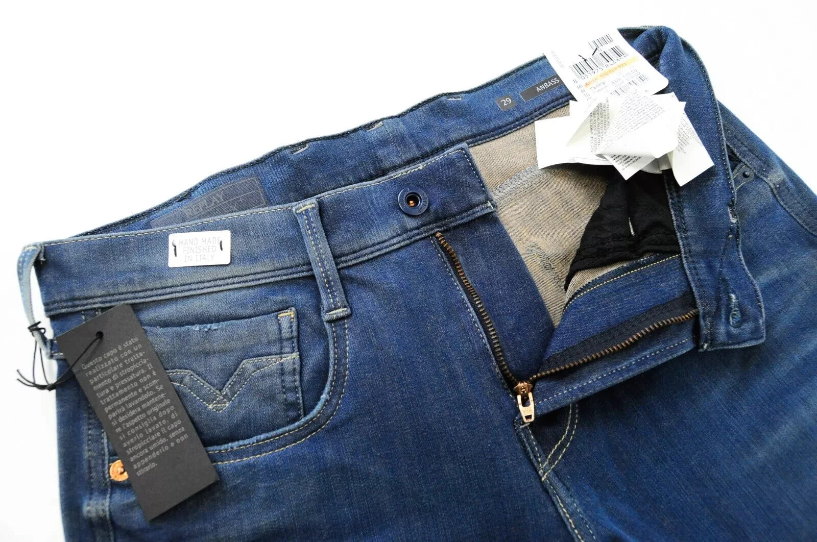 REPLAY Anbass vyriški džinsai W29/L32 Slim mėlyni tamprūs medvilniniai džinsai su 5 kišenėmis 