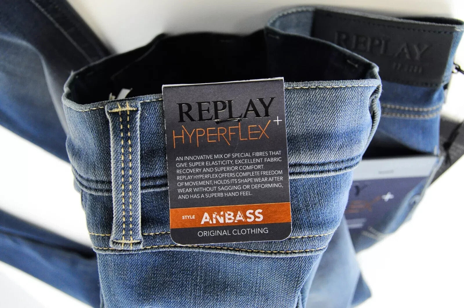 REPLAY Anbass vyriški džinsai W29/L32 Slim mėlyni tamprūs medvilniniai džinsai su 5 kišenėmis 